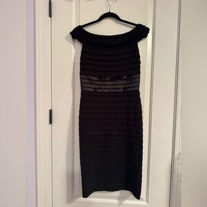 Xscape Black Off-Shoulder Layered Midi Dress